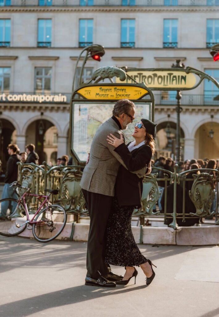 Elegant couple senior photoshoot Paris Palais Royal architecture